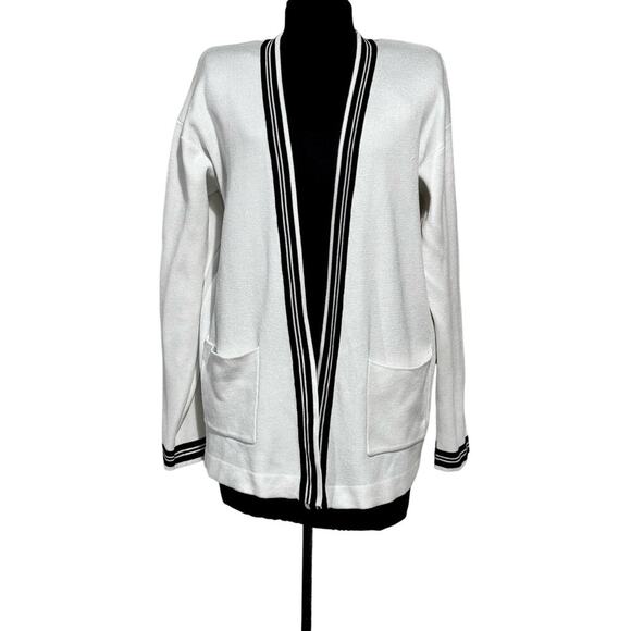 IZOD Open Cardigan Size Medium White Ivory Cream Black Stripe - Picture 2 of 10